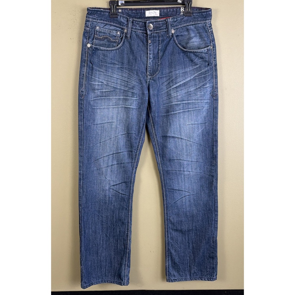Y2K Antique Rivet Jeans Men 34x32(34) RS020 Wide Leg Whiskered Blue  Denim